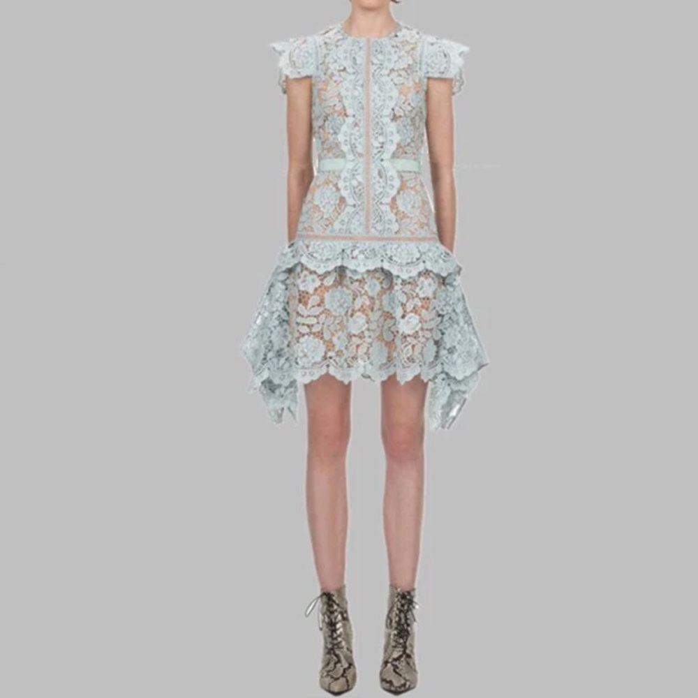 #152 Elegant Butterfly Sleeve Crochet Lace Casual O-neck High Waist Dress - Picture 4 of 16